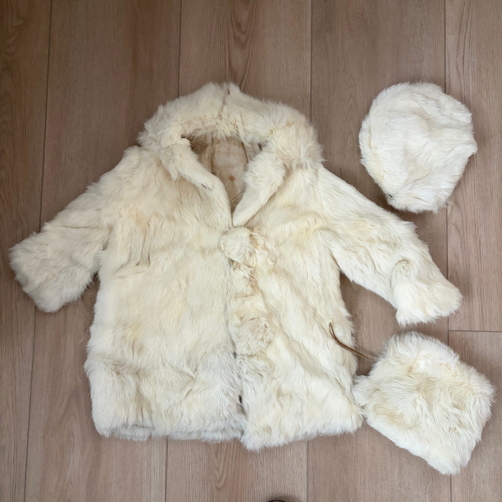 Vintage 1940s White Rabbit Fur Coat, Hat, Muff Girls Toddler